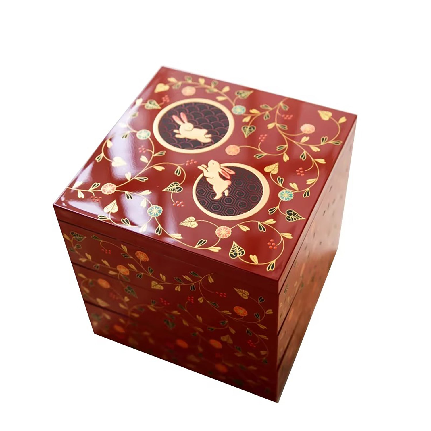 Boîte de rangement japonaise en laque Yamanaka à trois niveaux motif lapin