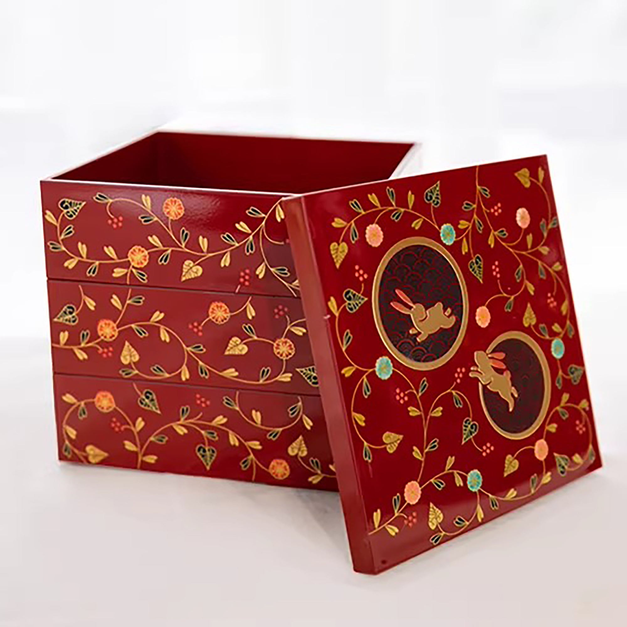 Boîte de rangement japonaise en laque Yamanaka à trois niveaux motif lapin