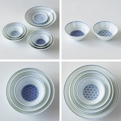 Vaisselle Minoyaki avec motifs Seigaiha et nuages bleus