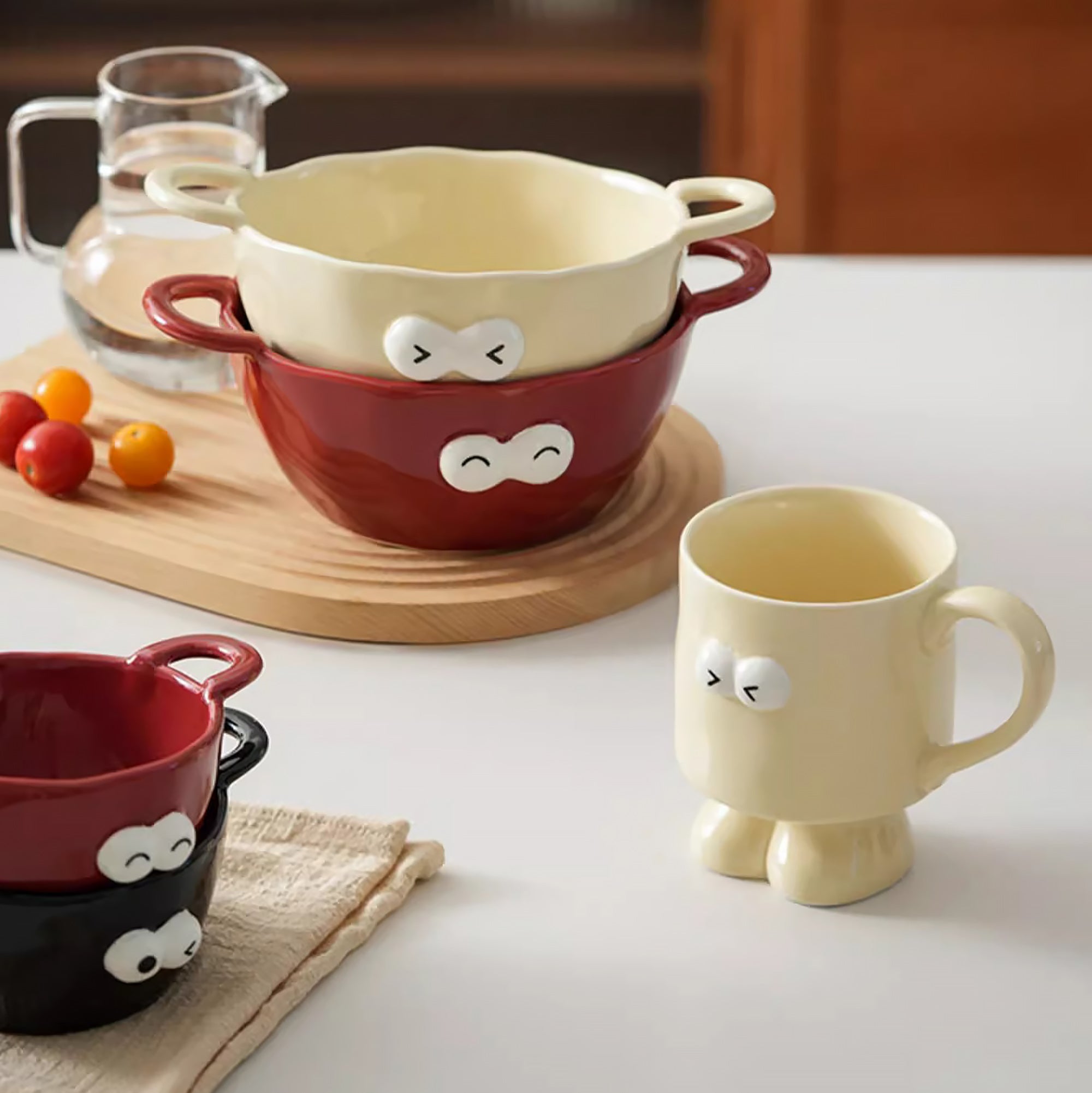 Bol en céramique à deux anses motif emoji yeux ronds