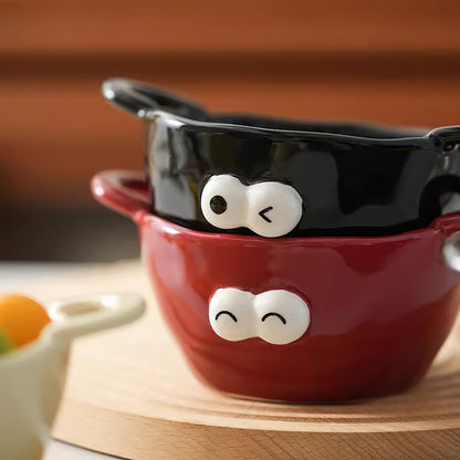 Bol en céramique à deux anses motif emoji yeux ronds
