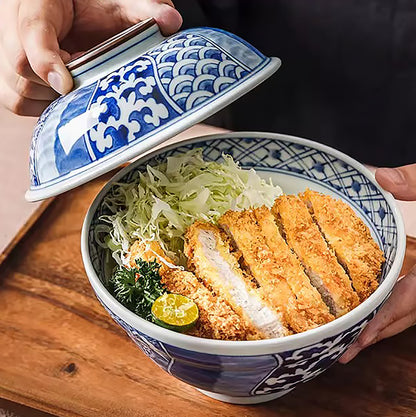 Bol couvert Rintrindo en céramique bleu et blanc