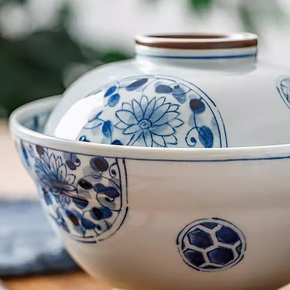 Bol couvert Rintrindo en céramique bleu et blanc