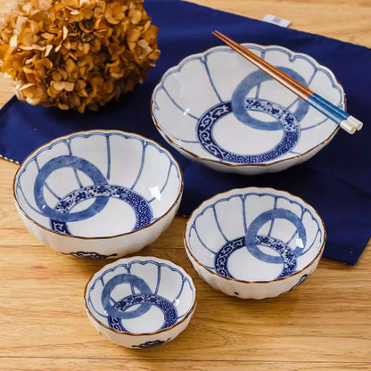 Vaisselle Minoyaki motif double anneau bleu et blanc