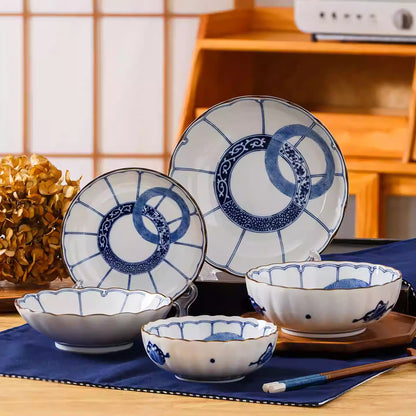 Vaisselle Minoyaki motif double anneau bleu et blanc