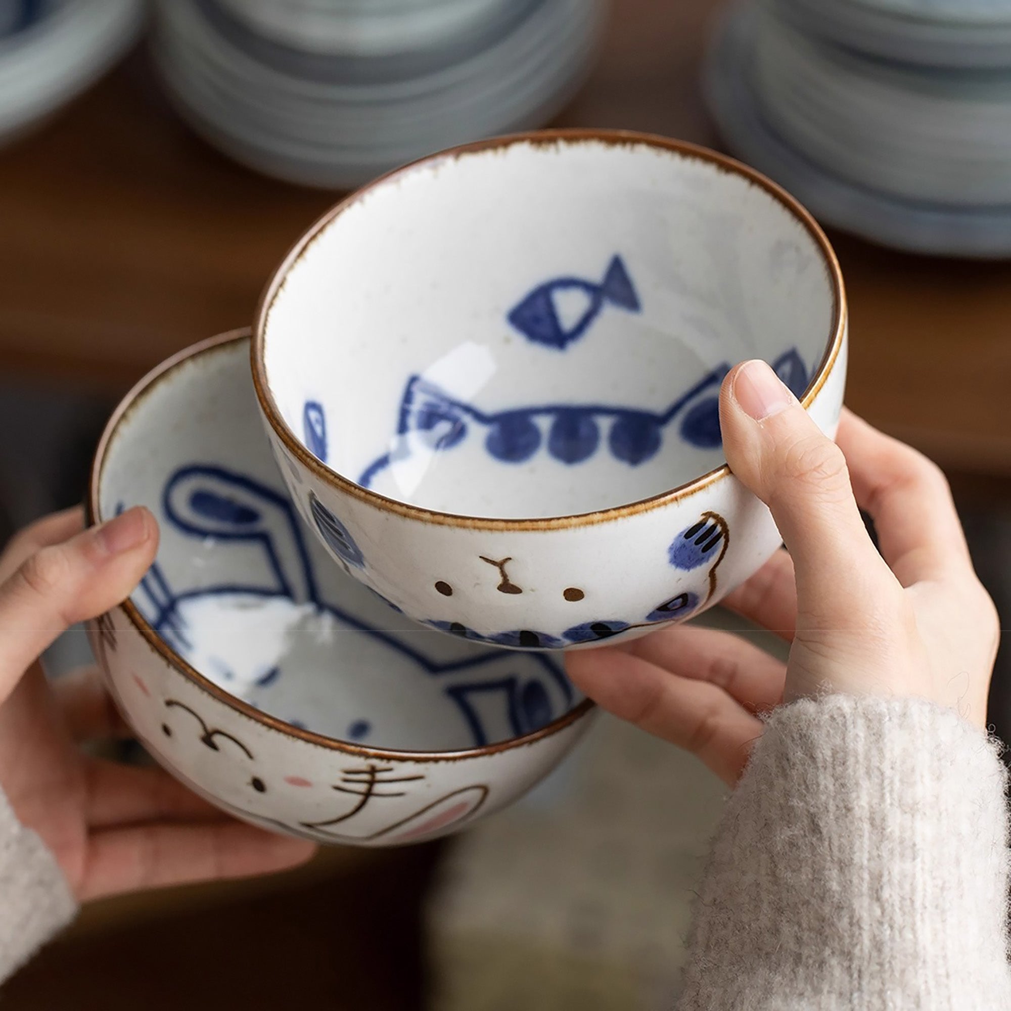 Vaisselle Mino-yaki avec mignon motif chat et lapin