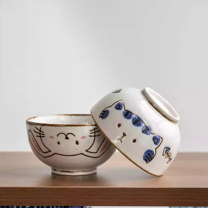 Vaisselle Mino-yaki avec mignon motif chat et lapin