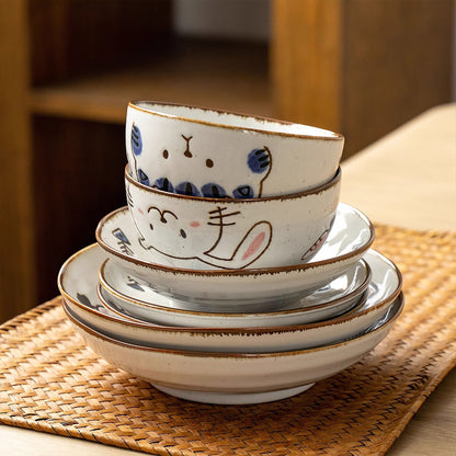 Vaisselle Mino-yaki avec mignon motif chat et lapin