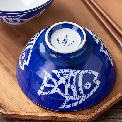 Bol Minoyaki motif poisson bleu et blanc