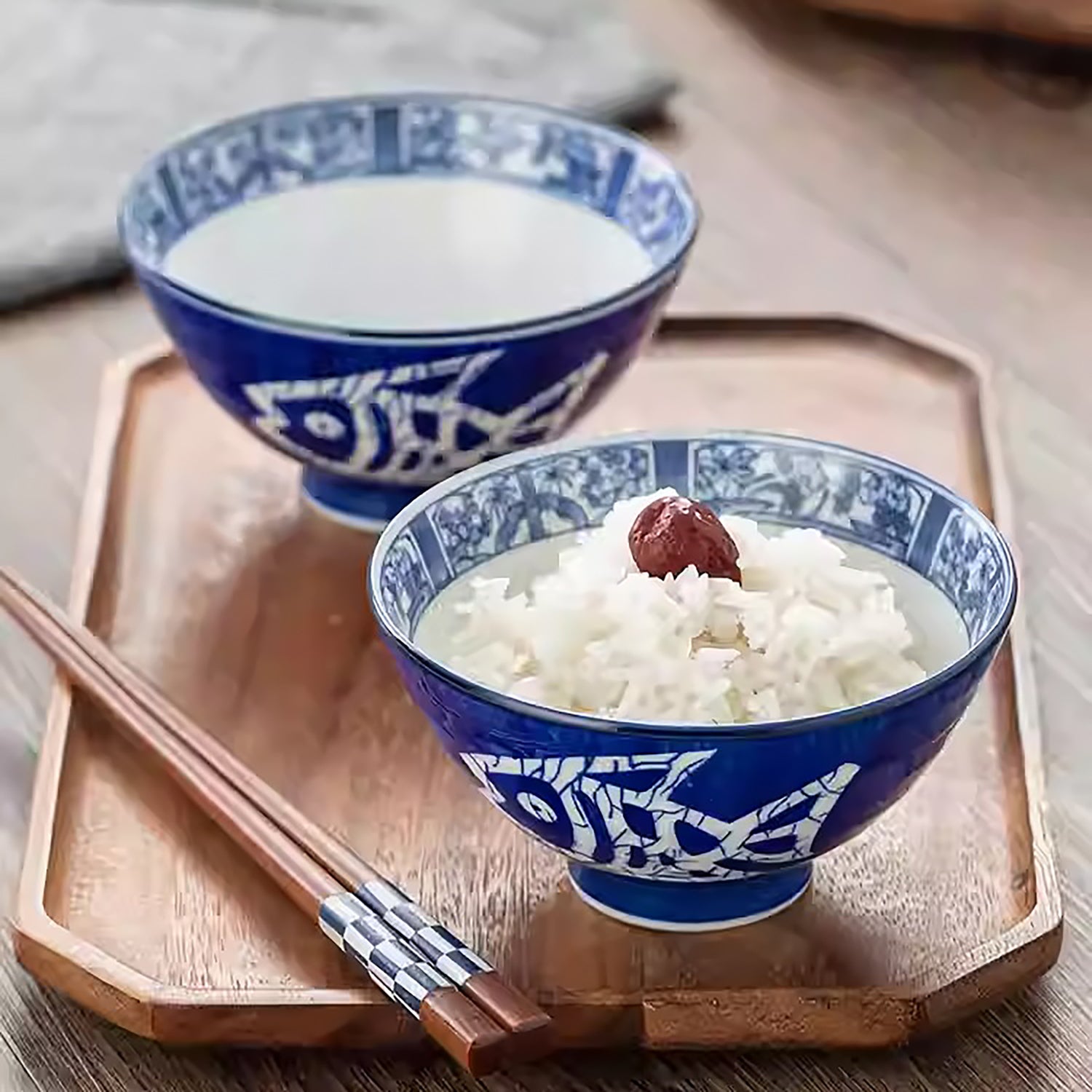 Bol Minoyaki motif poisson bleu et blanc