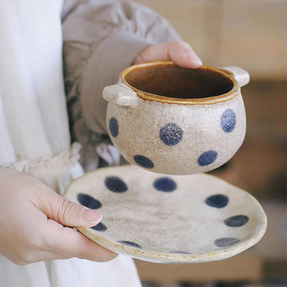 Bol à oreilles en céramique fait main style vintage à pois