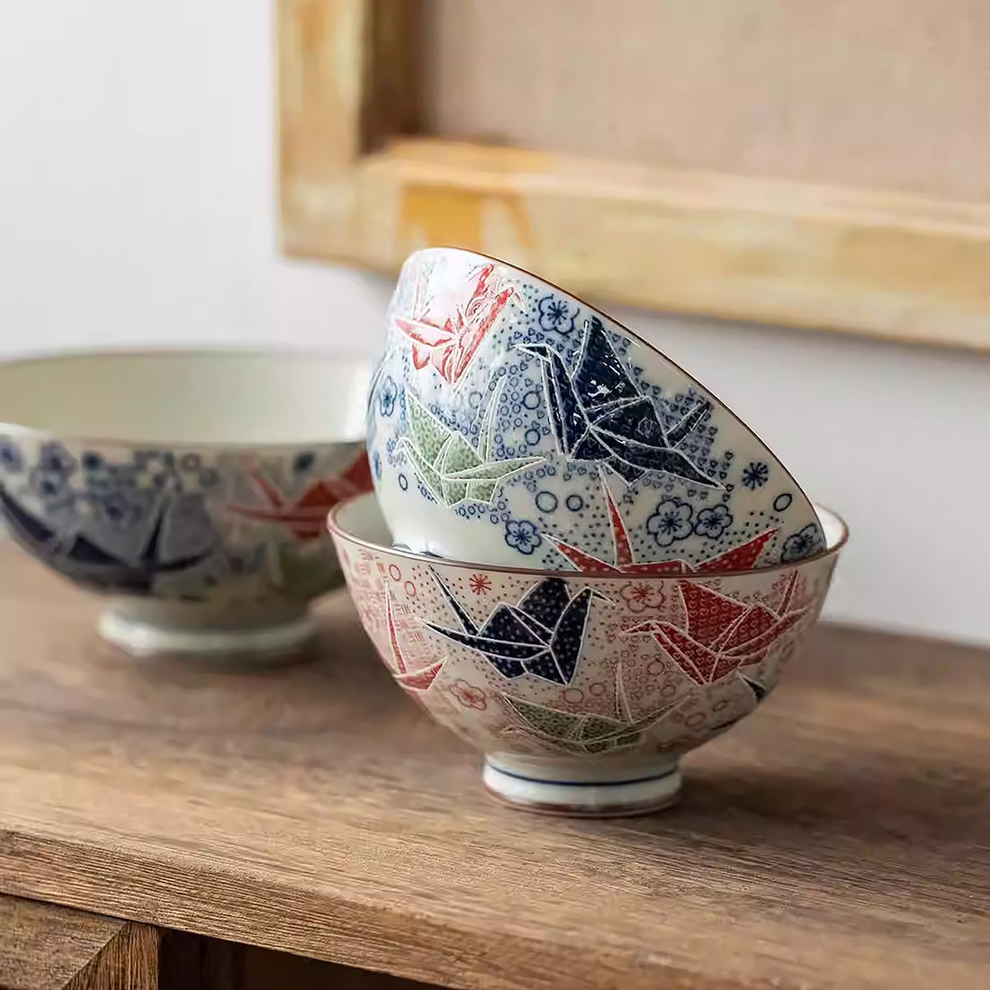 Bol Mino-yaki avec motif grues en origami