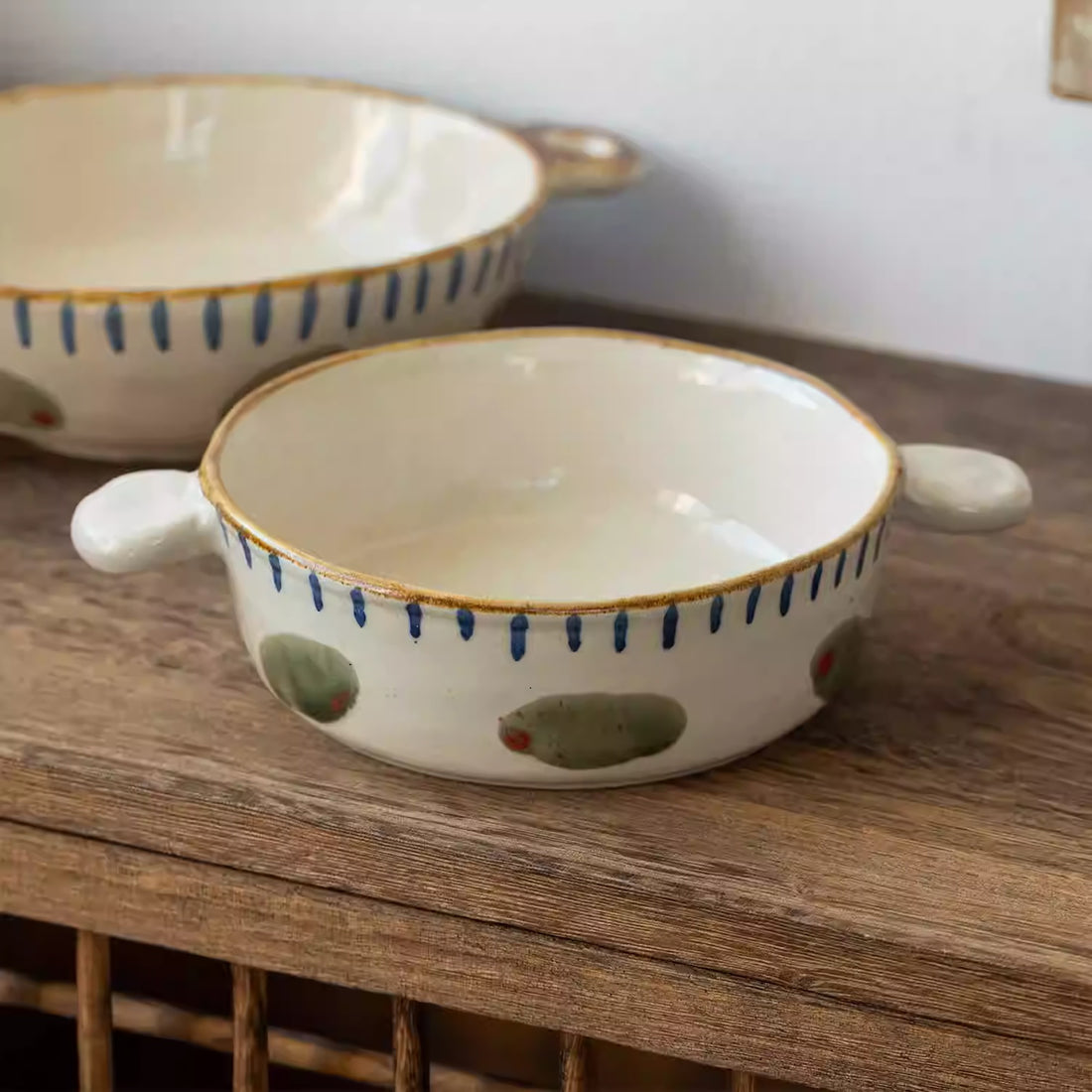 Bol Minoyaki à deux anses motif olives peint à la main