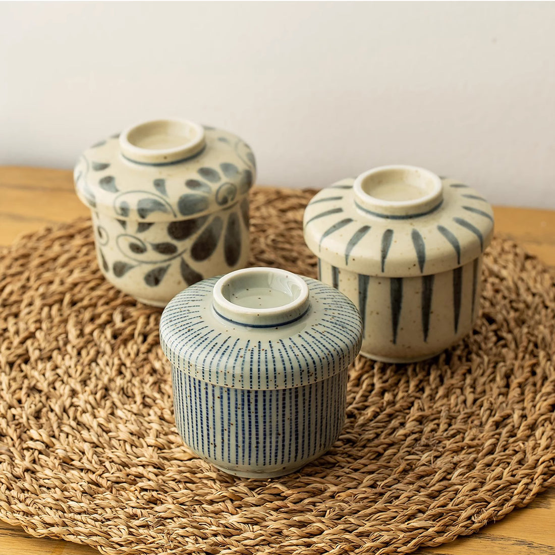 Bol en céramique Mino-yaki avec couvercle et Motif Tokusa vintage