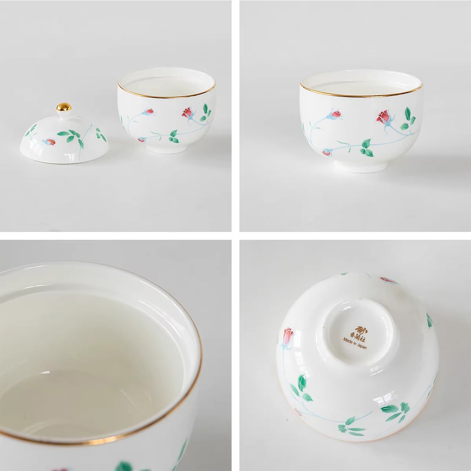Bol couvert Minoyaki en porcelaine blanche motif rose