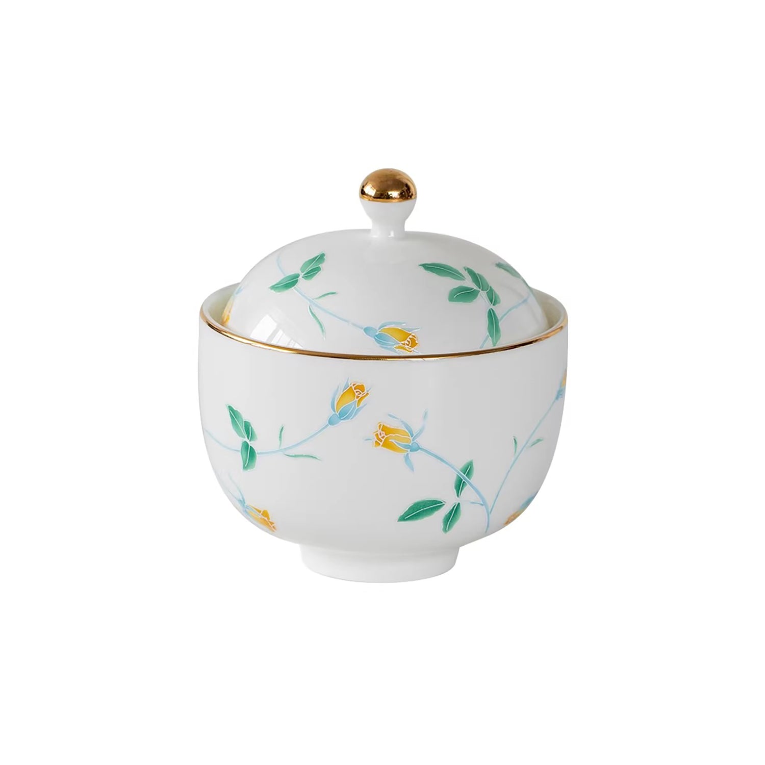 Bol couvert Minoyaki en porcelaine blanche motif rose