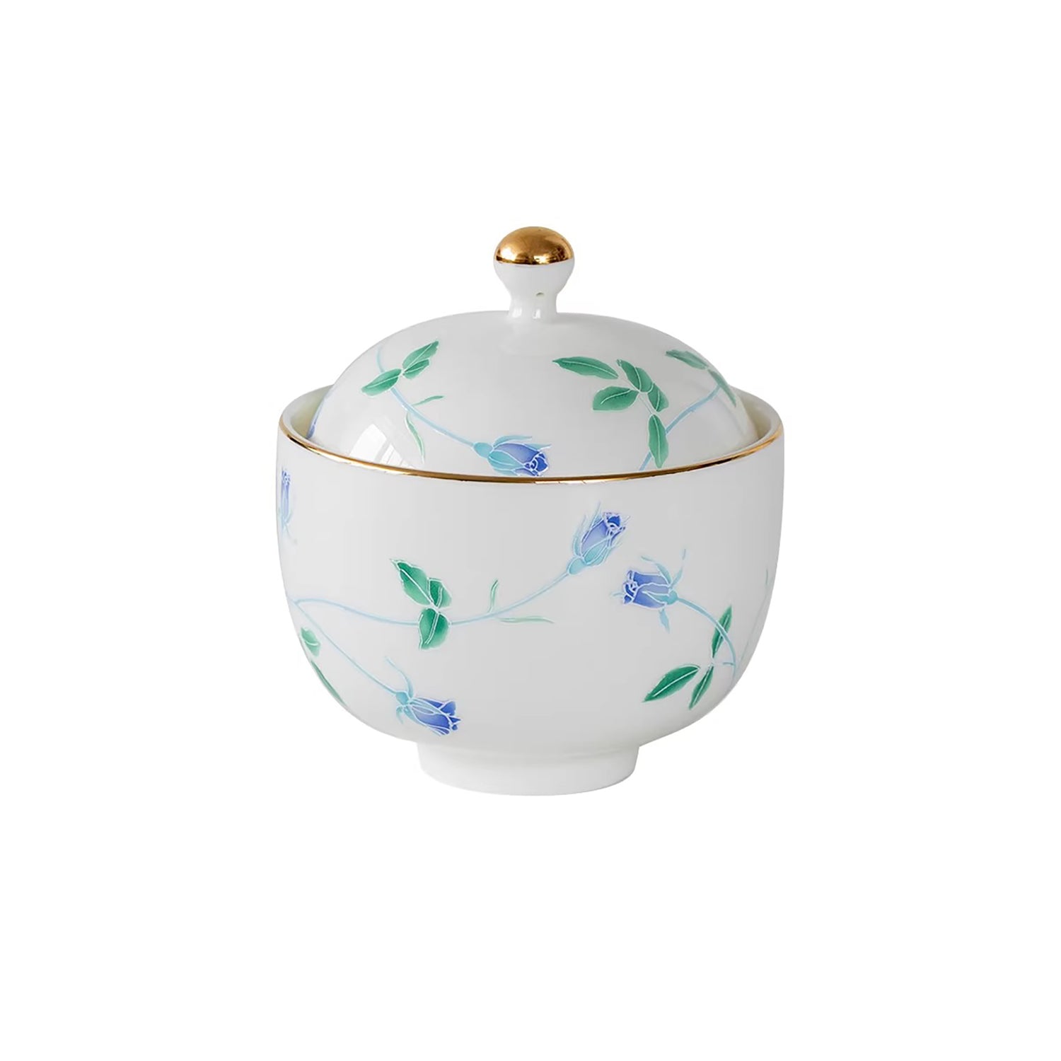Bol couvert Minoyaki en porcelaine blanche motif rose