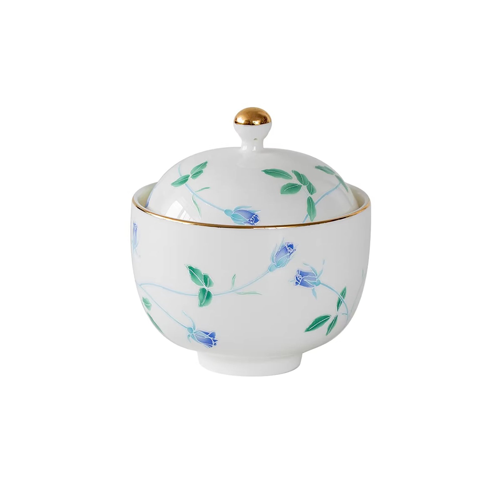 Bol couvert Minoyaki en porcelaine blanche motif rose