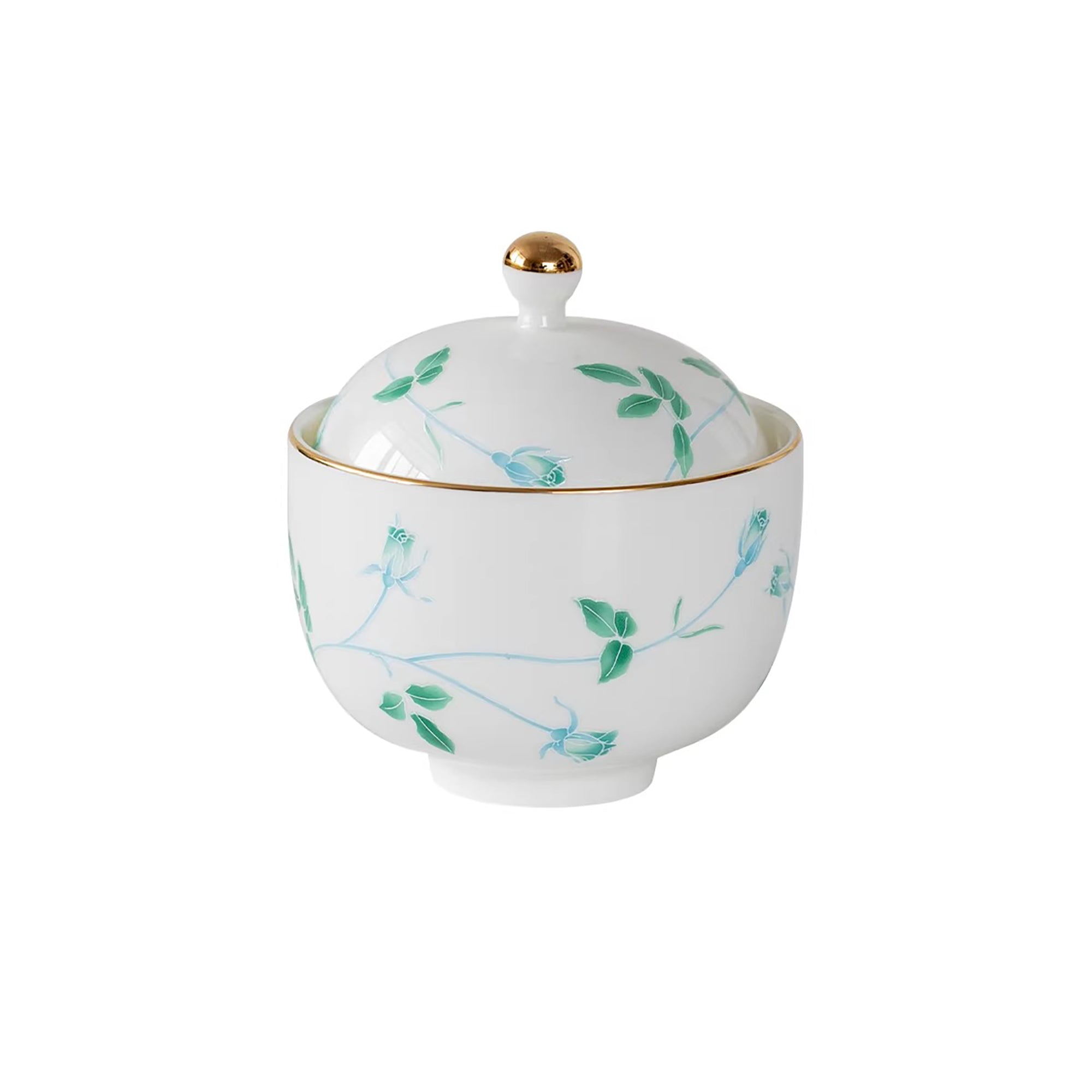 Bol couvert Minoyaki en porcelaine blanche motif rose