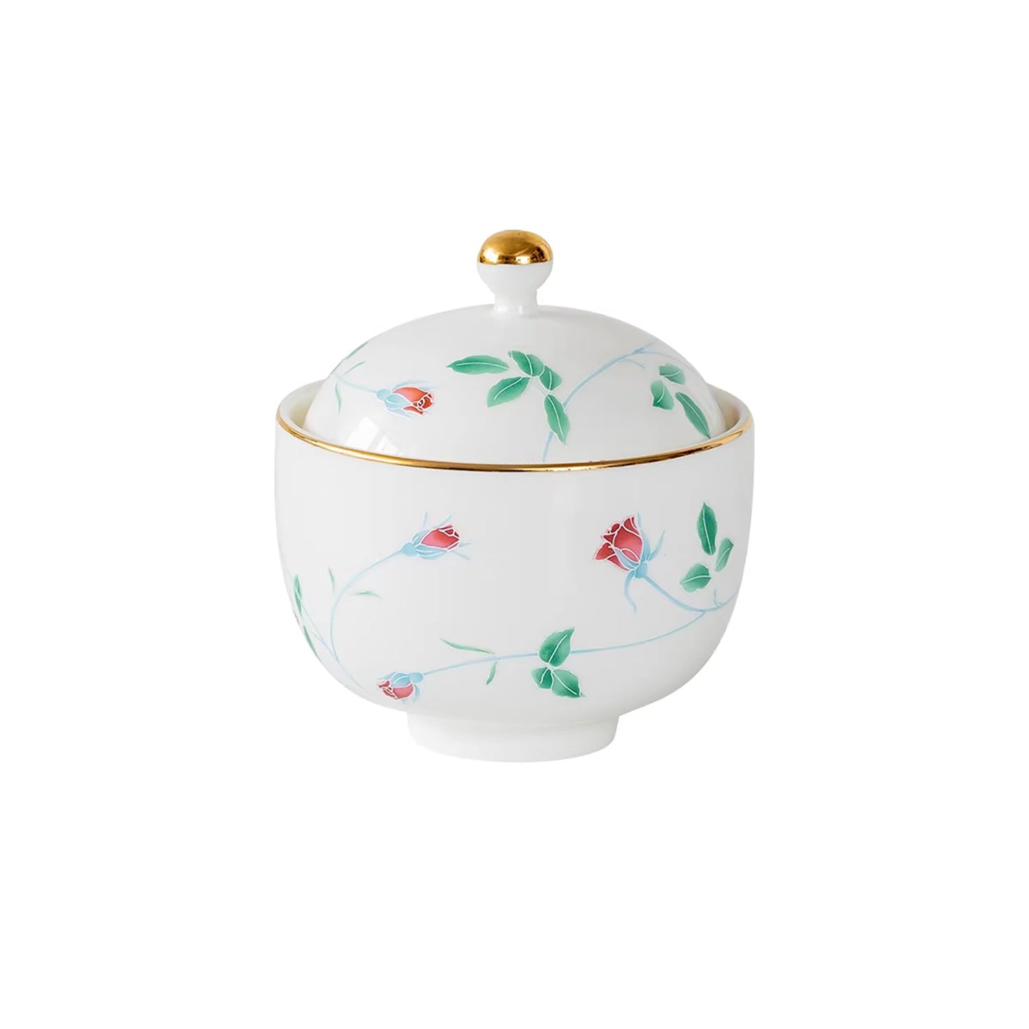 Bol couvert Minoyaki en porcelaine blanche motif rose