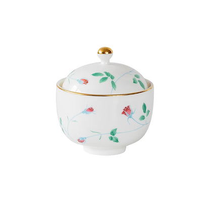 Bol couvert Minoyaki en porcelaine blanche motif rose