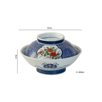 Bol couvert Arita yaki avec fleur porte-bonheur