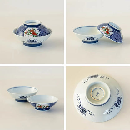 Bol couvert Arita yaki avec fleur porte-bonheur
