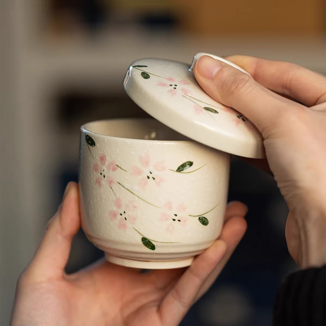 Bol vapeur couvert Minoyaki style champêtre peint à la main