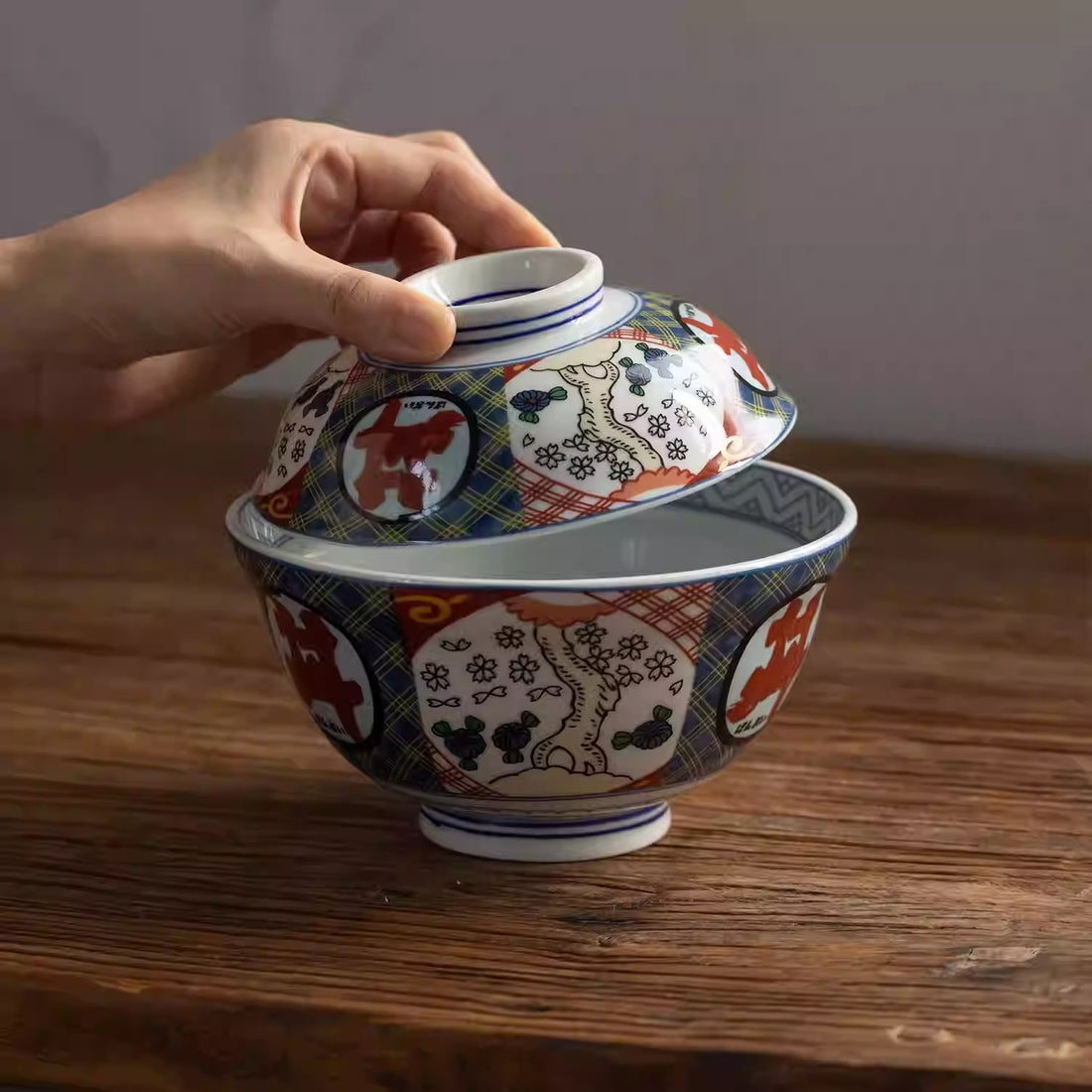 Bol couvert Minoyaki rétro motif fleurs des quatre saisons