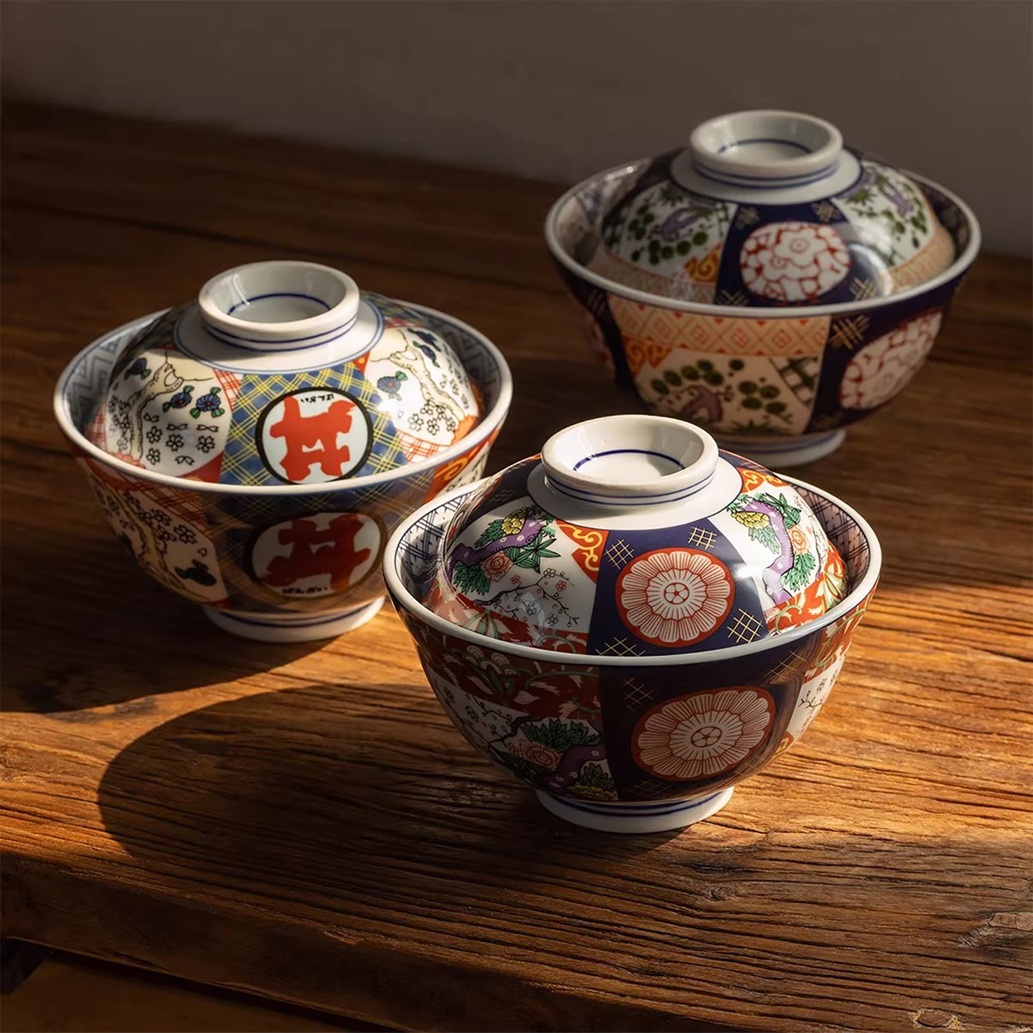 Bol couvert Minoyaki rétro motif fleurs des quatre saisons
