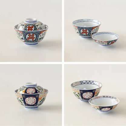 Bol couvert Minoyaki rétro motif fleurs des quatre saisons
