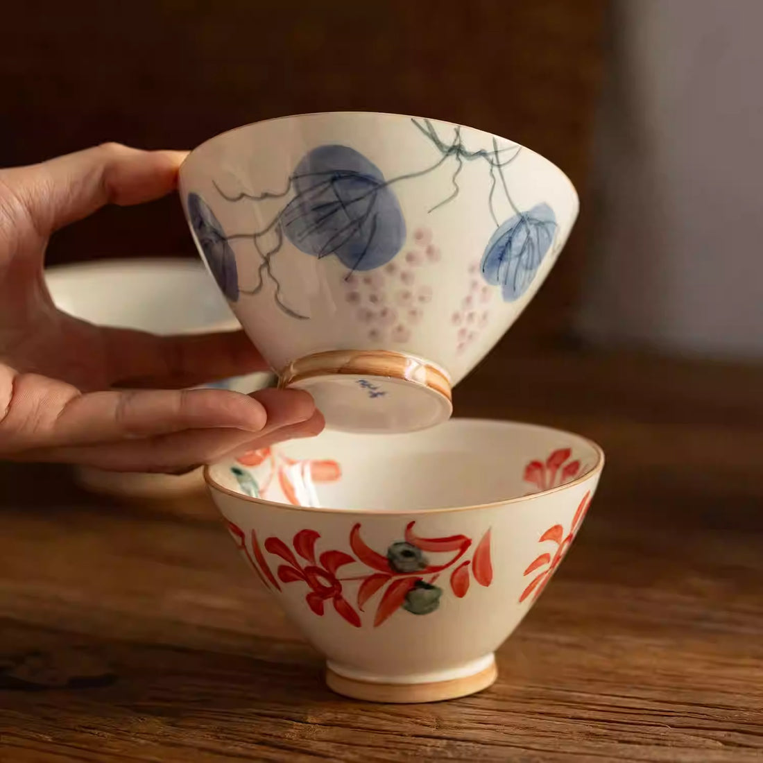 Bol Minoyaki Aka-e style champêtre peint main