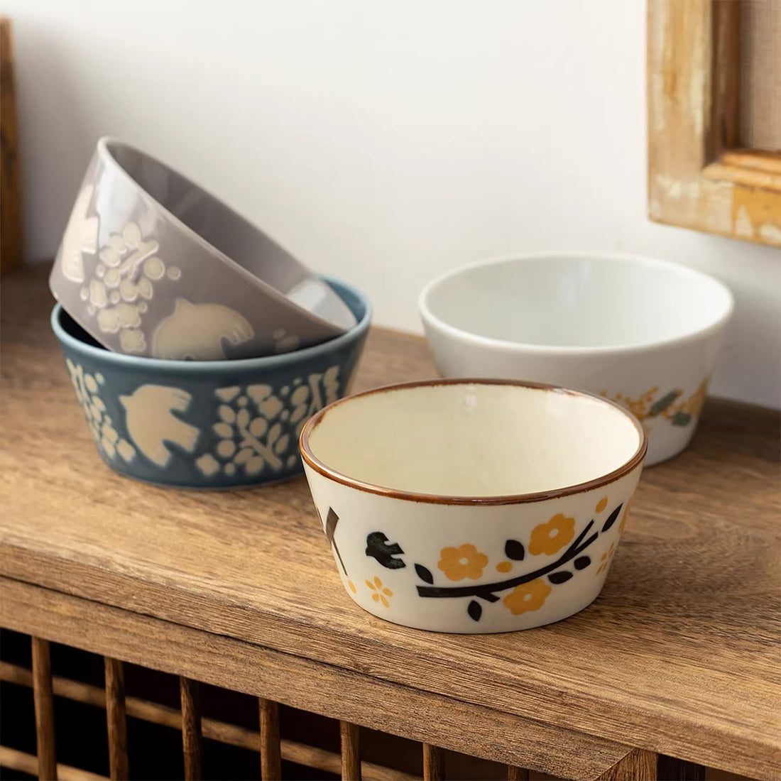 Bol Minoyaki en céramique motif fleurs et oiseaux