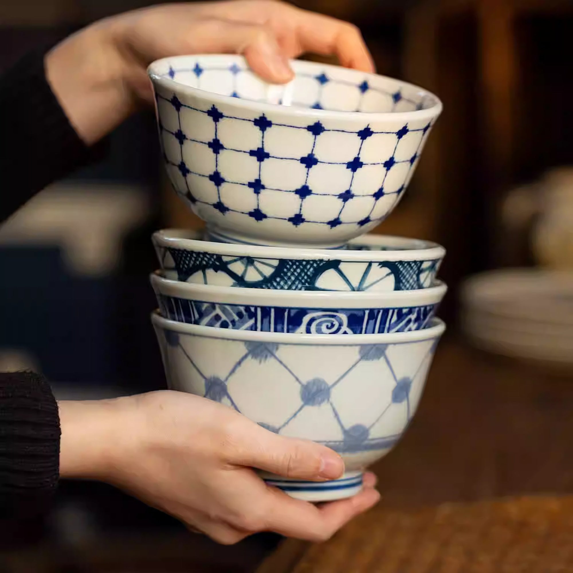 Bol Minoyaki bleu et blanc motif quadrillage