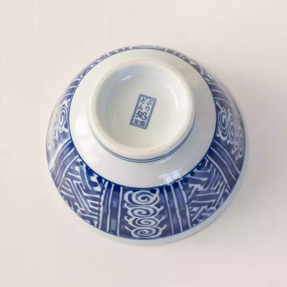 Bol Minoyaki bleu et blanc motif quadrillage