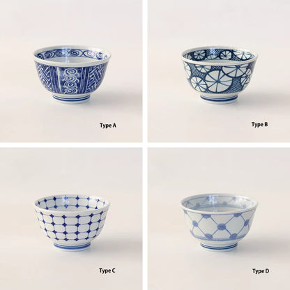 Bol Minoyaki bleu et blanc motif quadrillage