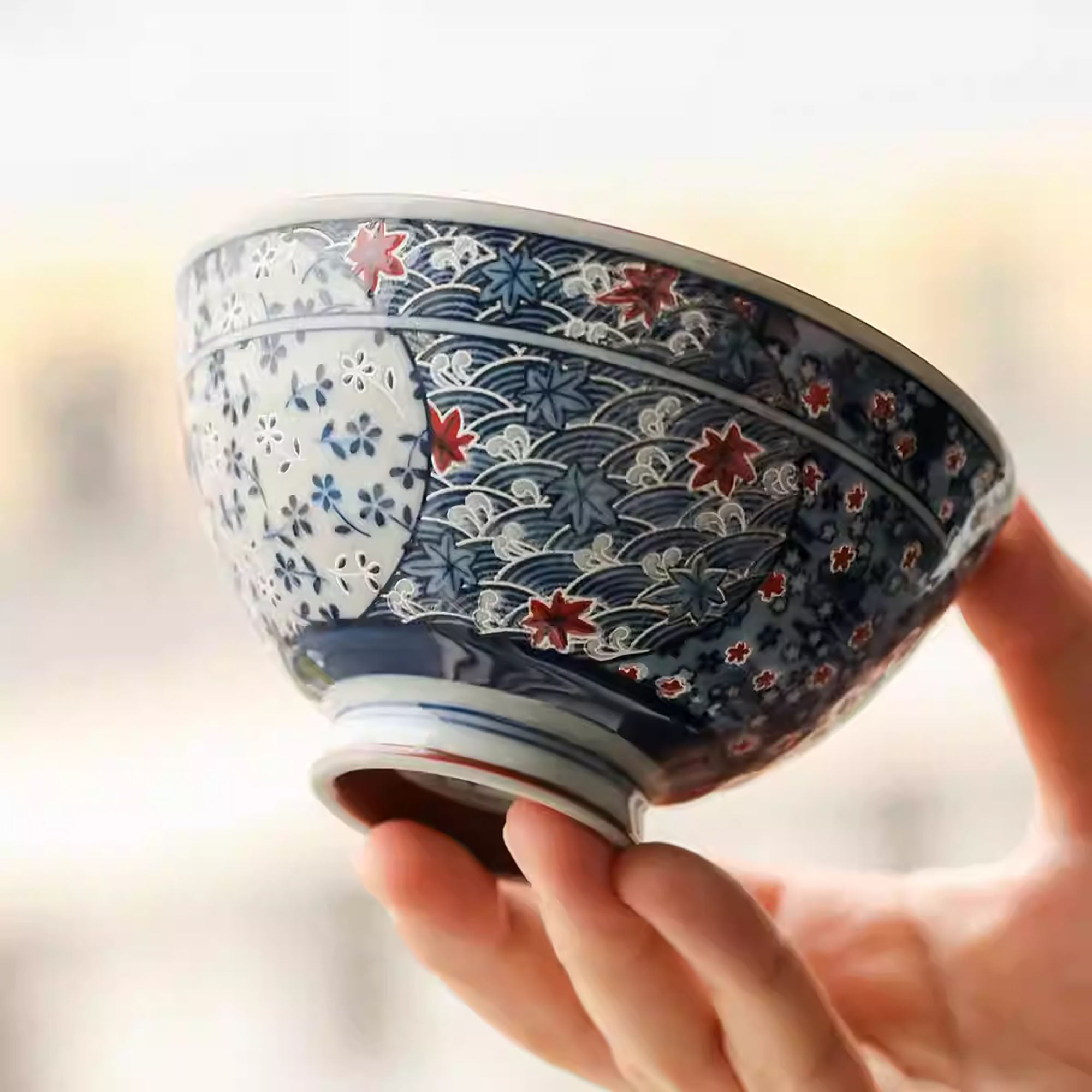 Bol en céramique japonaise Mino-yaki avec motifs sakura &amp; vague
