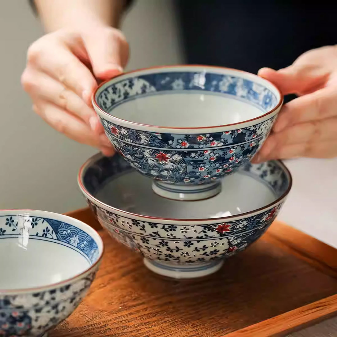 Bol en céramique japonaise Mino-yaki avec motifs sakura &amp; vague