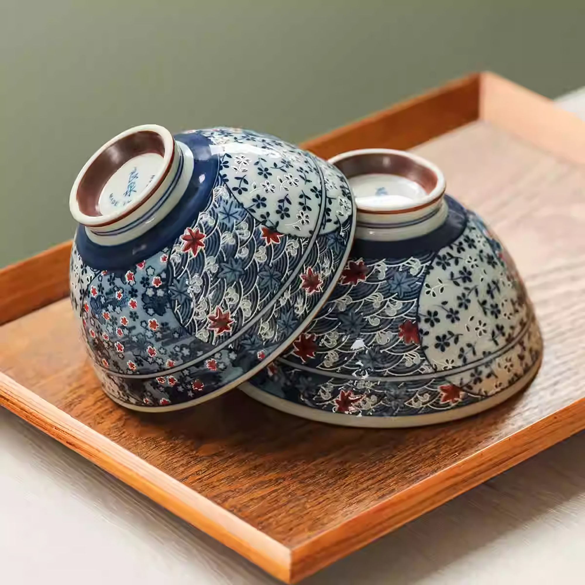 Bol en céramique japonaise Mino-yaki avec motifs sakura &amp; vague
