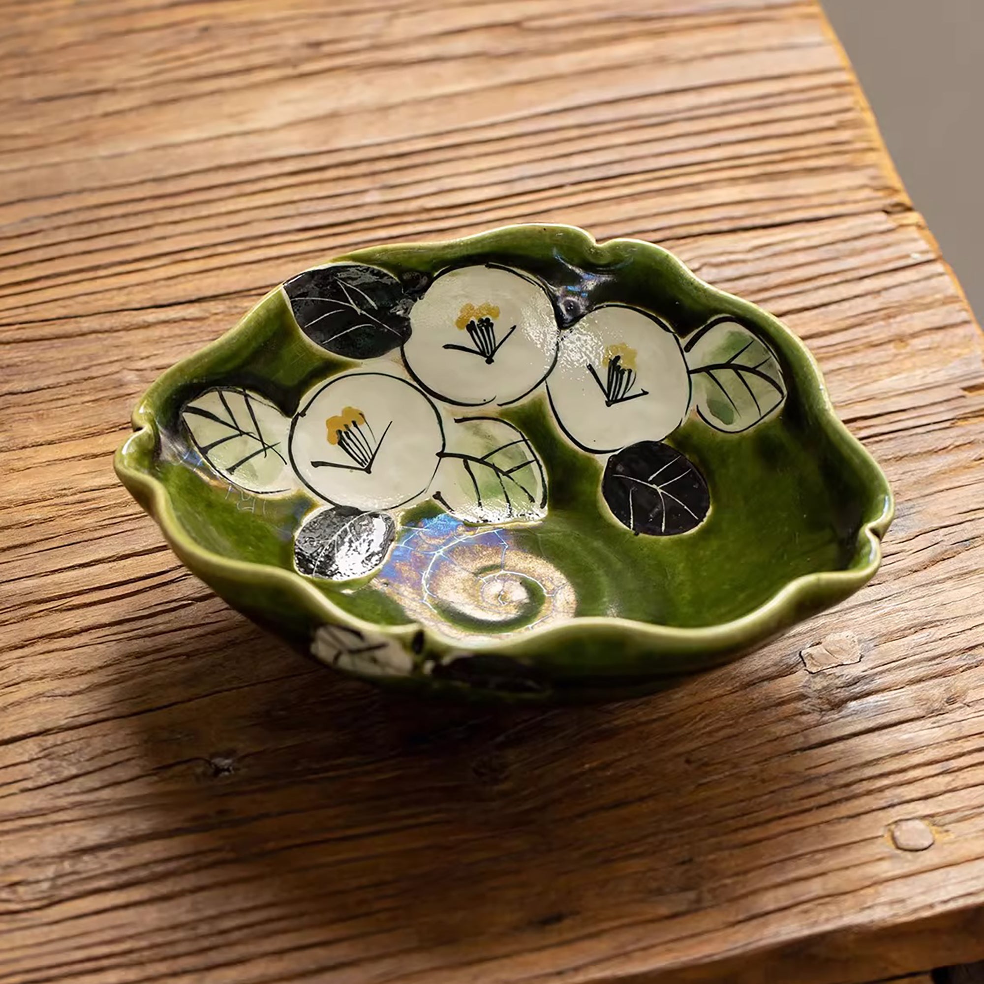 Bol Setoyaki Oribe vert motif camélia
