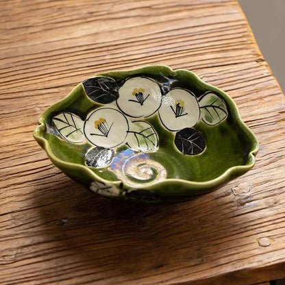 Bol Setoyaki Oribe vert motif camélia