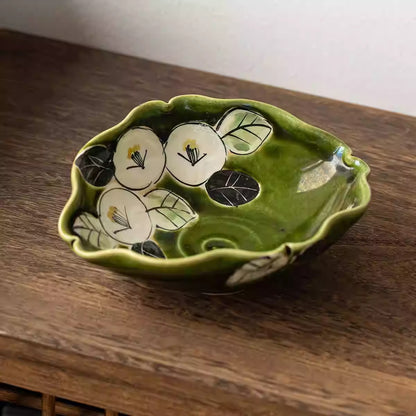 Bol Setoyaki Oribe vert motif camélia