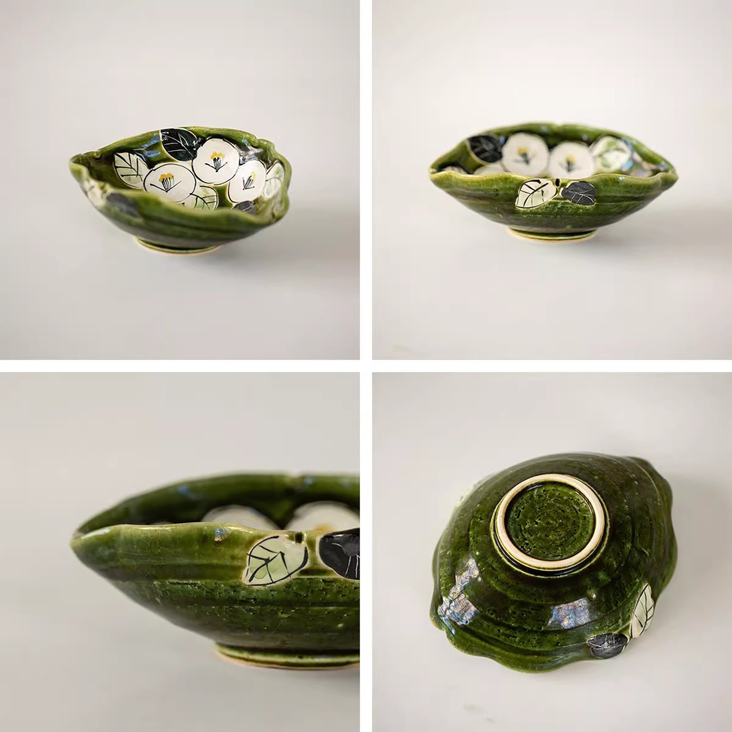 Bol Setoyaki Oribe vert motif camélia