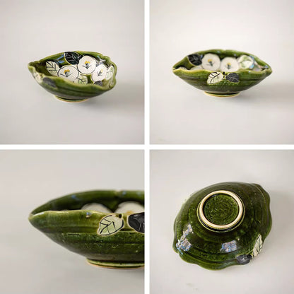 Bol Setoyaki Oribe vert motif camélia