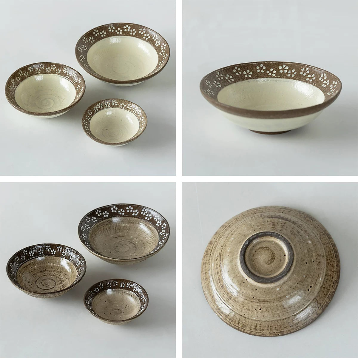 Bol artisanal en céramique style Wabi-Sabi avec Petites fleurs blanches