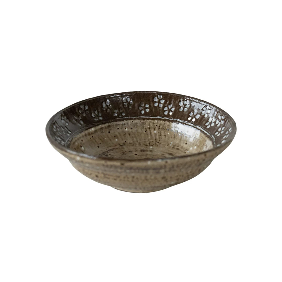 Bol artisanal en céramique style Wabi-Sabi avec Petites fleurs blanches