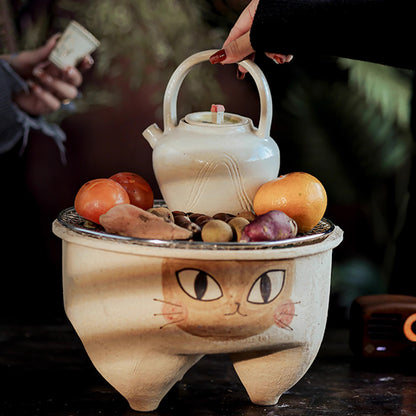 Réchaud de thé en grès brut de Jingdezhen avec motif chat à trois pattes