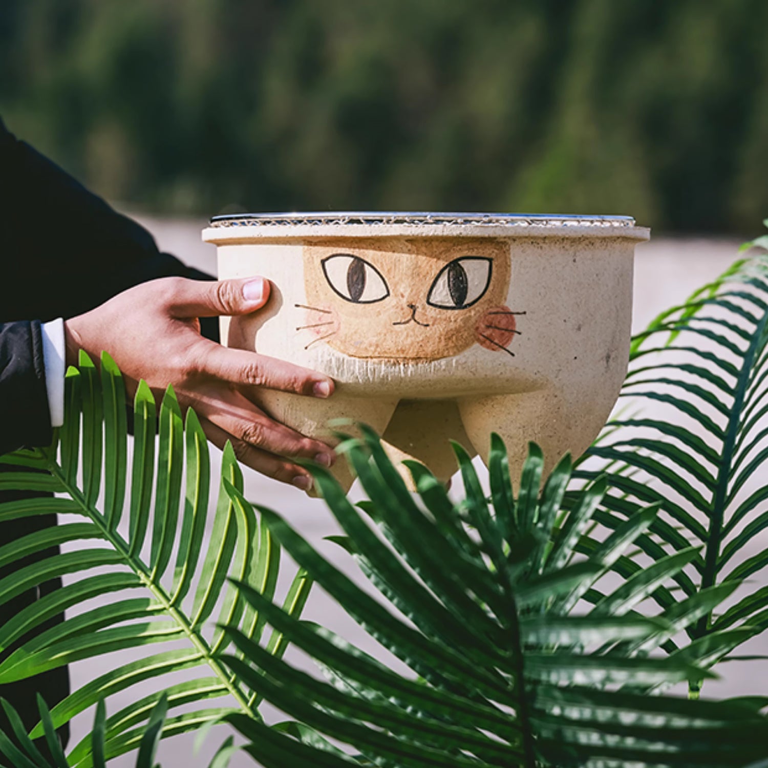 Réchaud de thé en grès brut de Jingdezhen avec motif chat à trois pattes