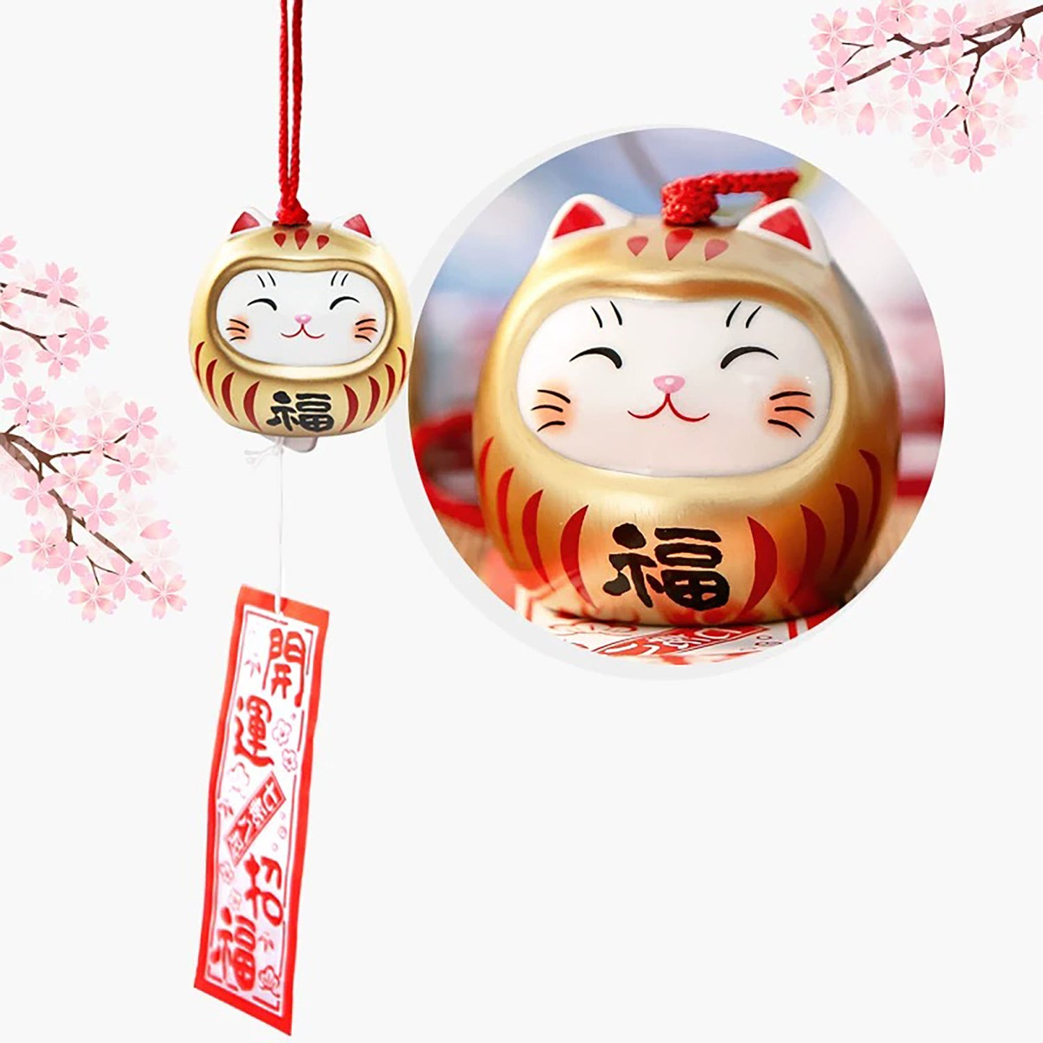 Carillon Maneki Neko Daruma en céramique Yakushigama