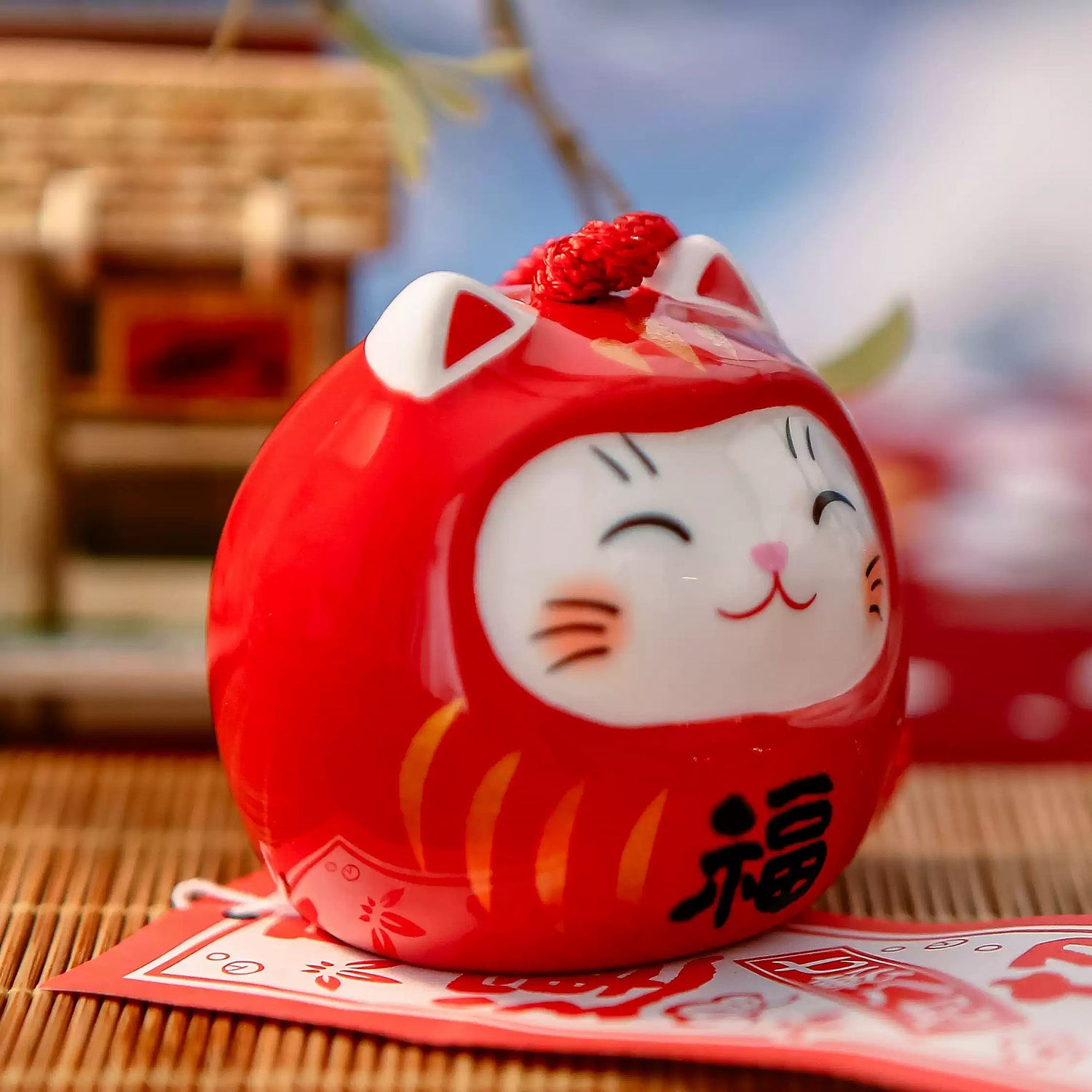 Carillon Maneki Neko Daruma en céramique Yakushigama